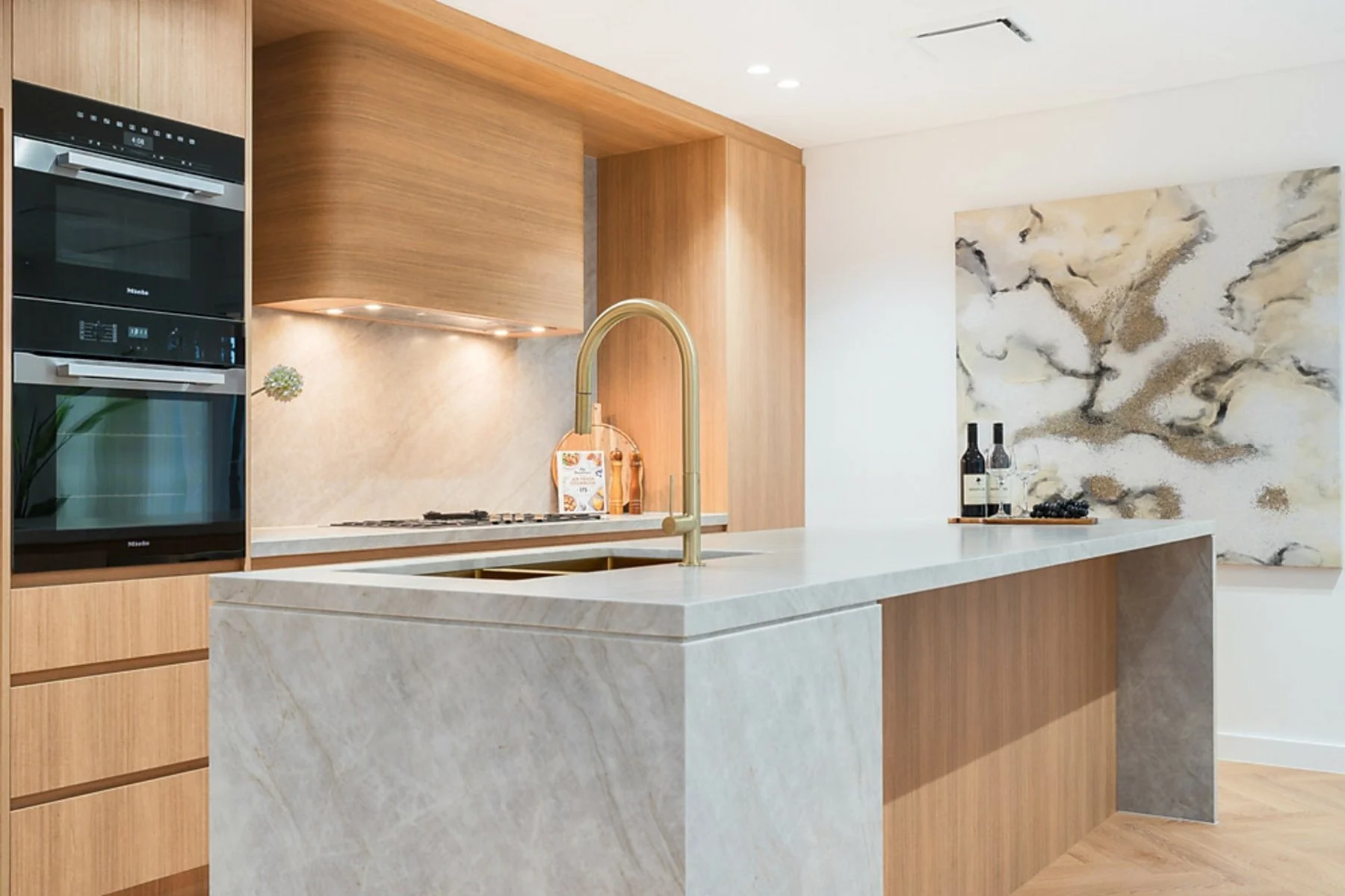 Epping kitchen wall cabinetry and benchtop with stone and timber detail