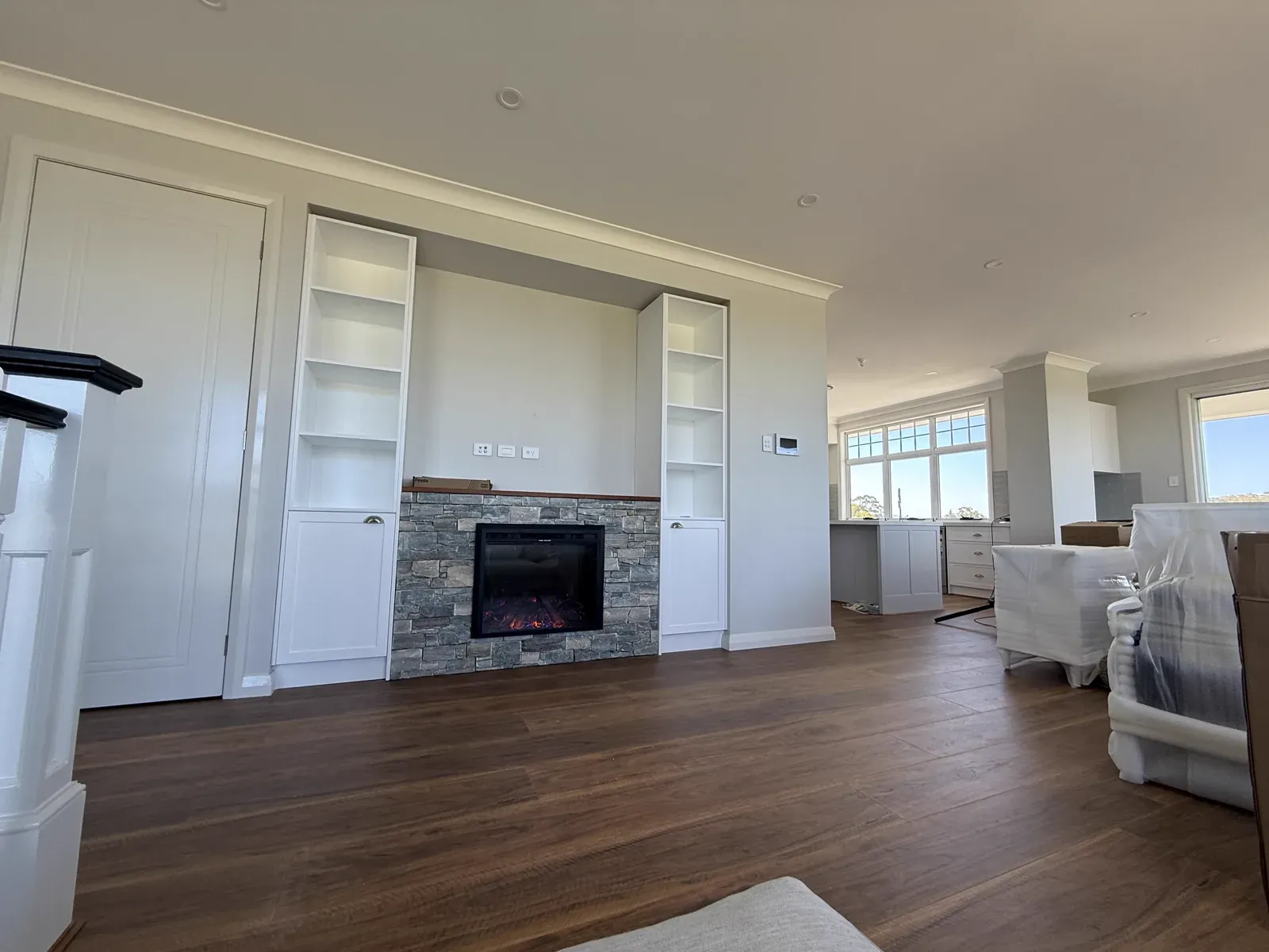 Kiama fireplace shelving — second angle showing storage and display configuration