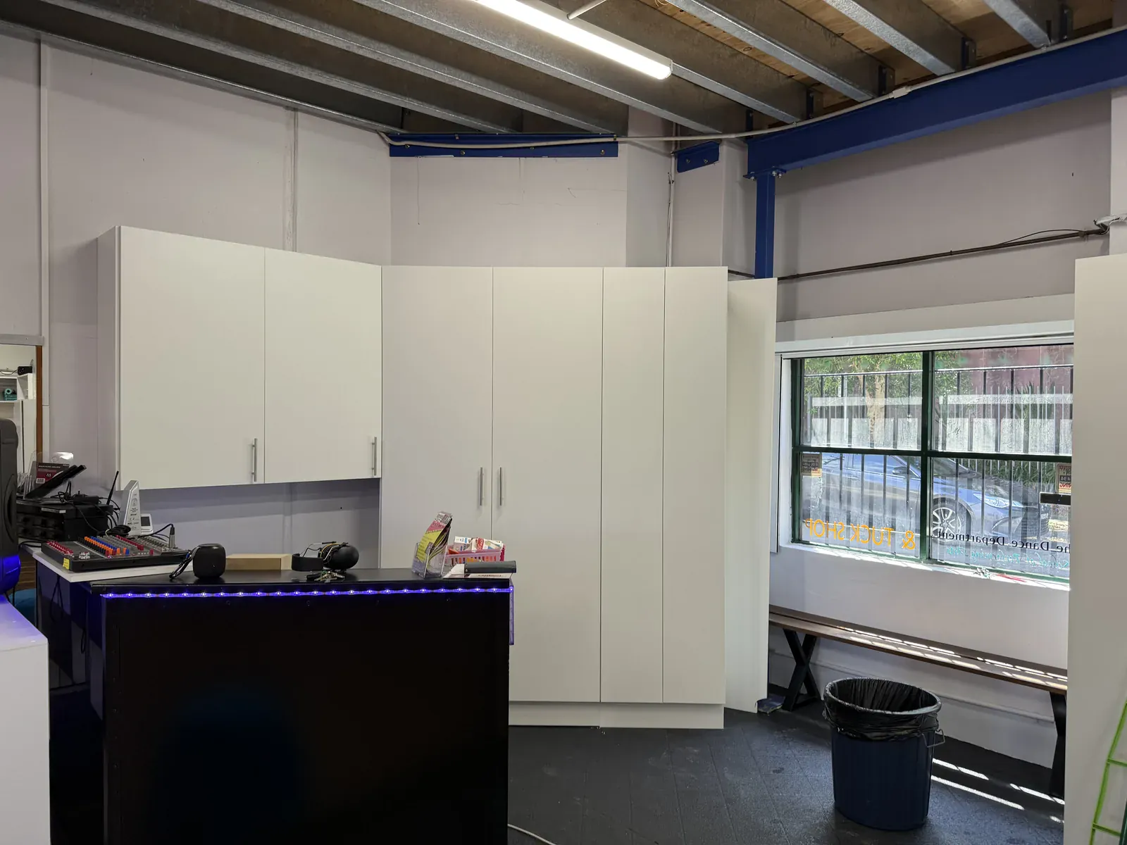 Reception and office storage joinery in a Mascot dance studio