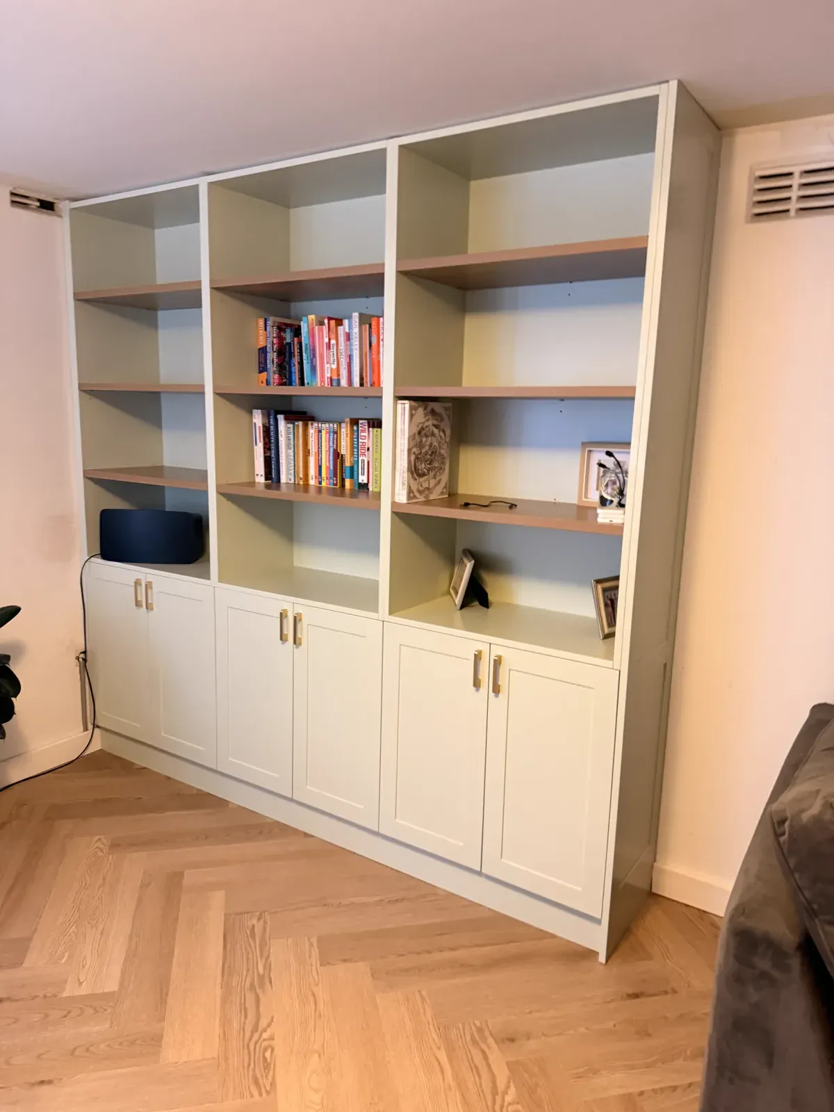 Neutral Bay study bookshelves — second angle showing shaker profile and shelf detail