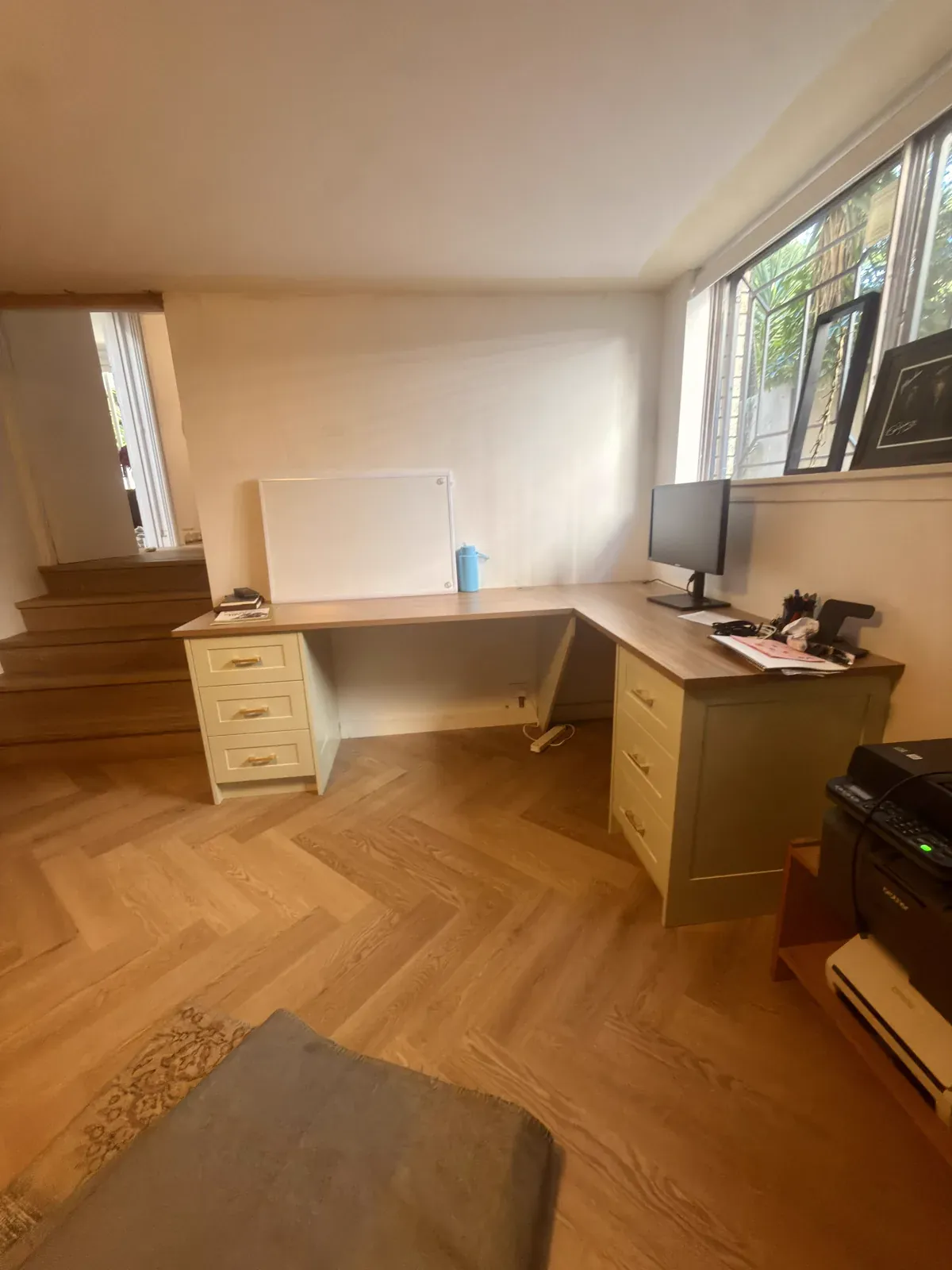 Neutral Bay study desk — Polytec Prime Oak benchtop with shaker joinery behind