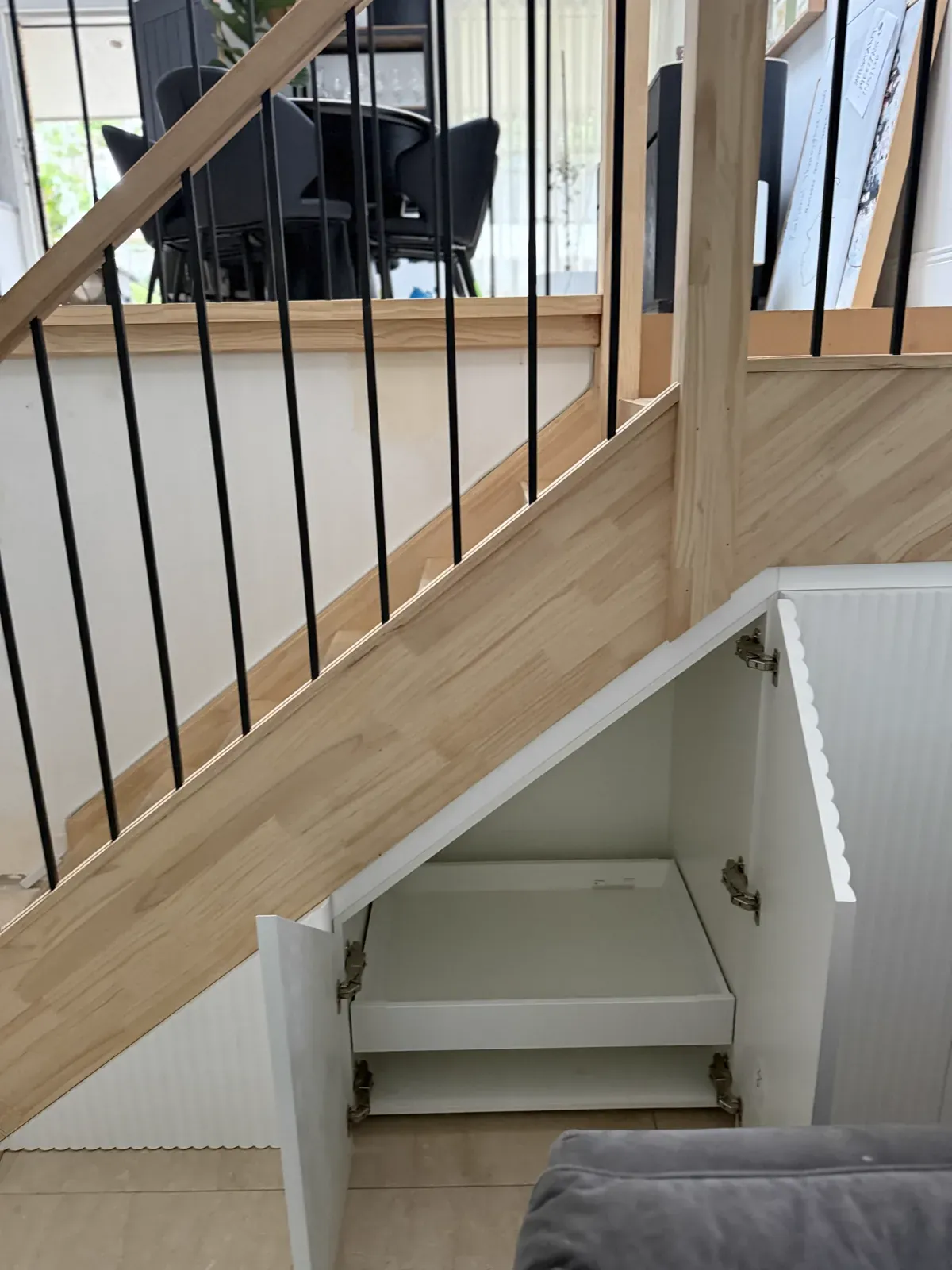 Neutral Bay understairs storage — drawer open showing Blum soft-close hardware
