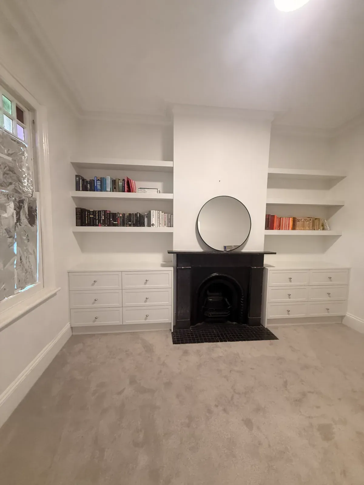 Redfern fireplace alcove — 2pac floating shelves in Taubmans Aspen Snow matt