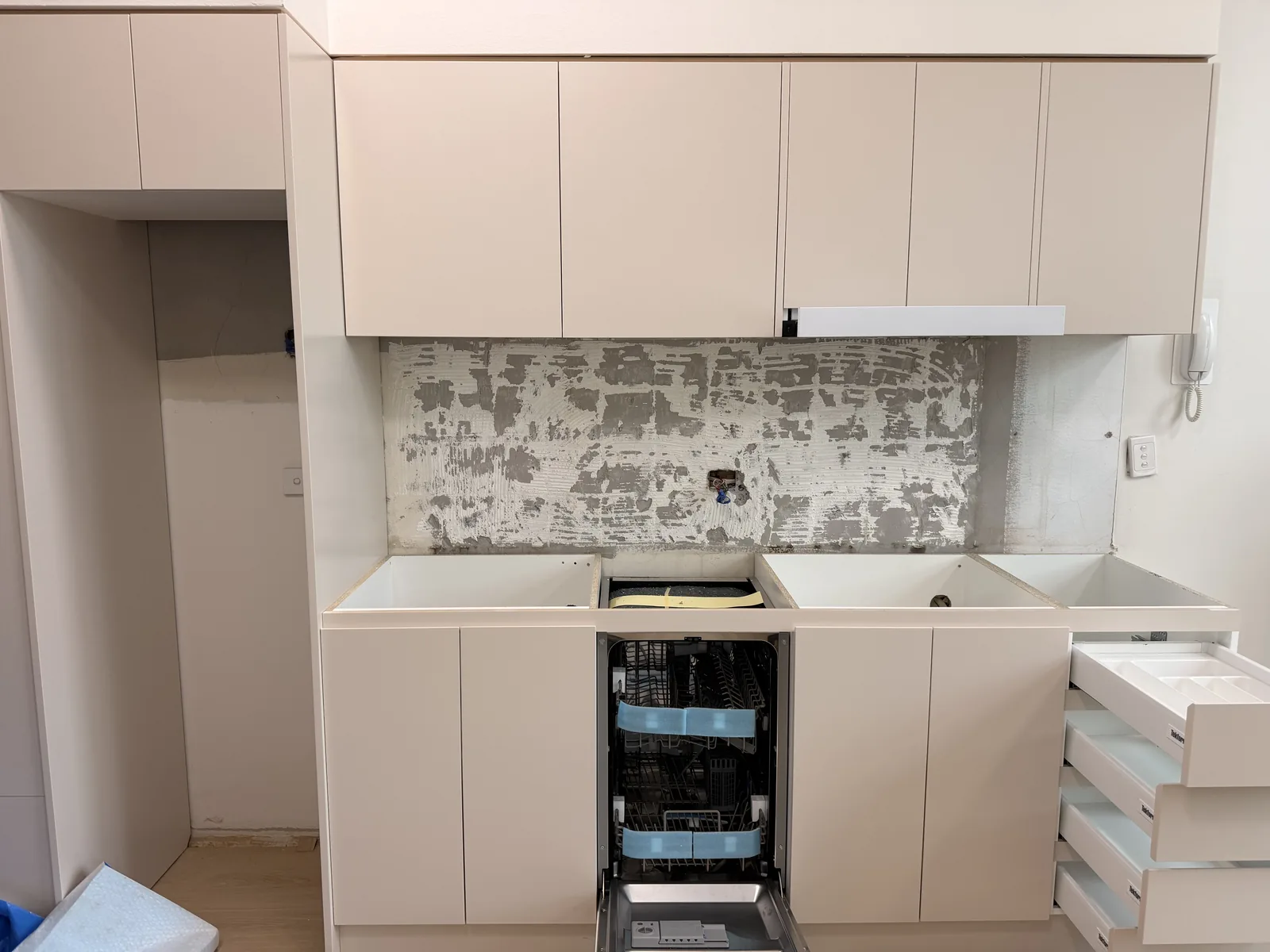 Willoughby apartment kitchen cabinetry in place before the stone benchtop