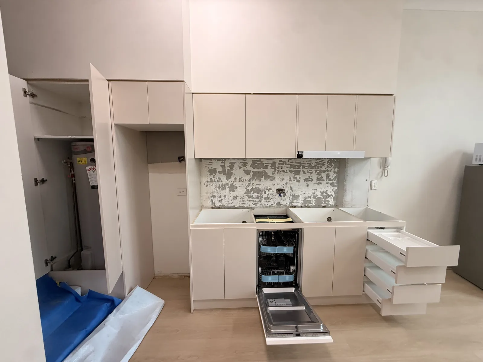 Kitchen and water unit cabinetry before the stone benchtop in Willoughby