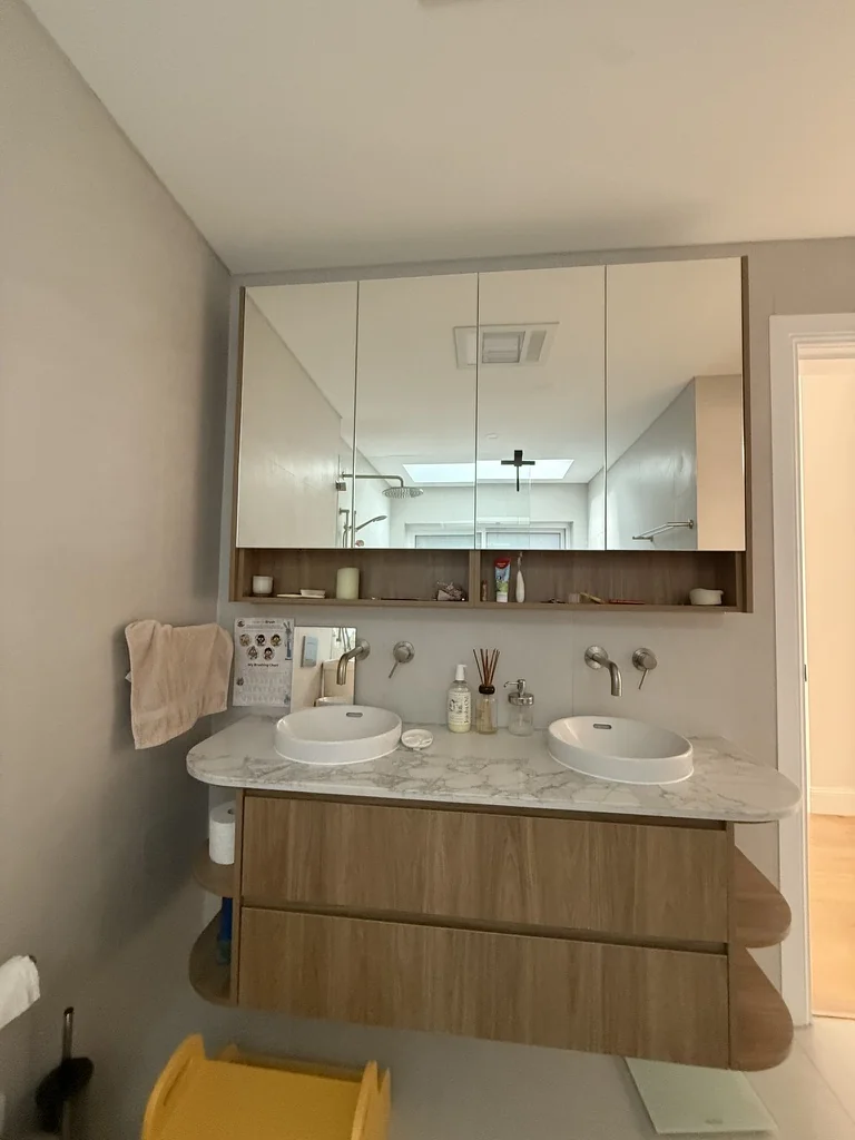 Willoughby double basin vanity — timber floating cabinet with mirrored shaving cabinet