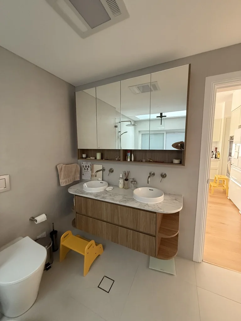 Willoughby double basin vanity with curved open shelving