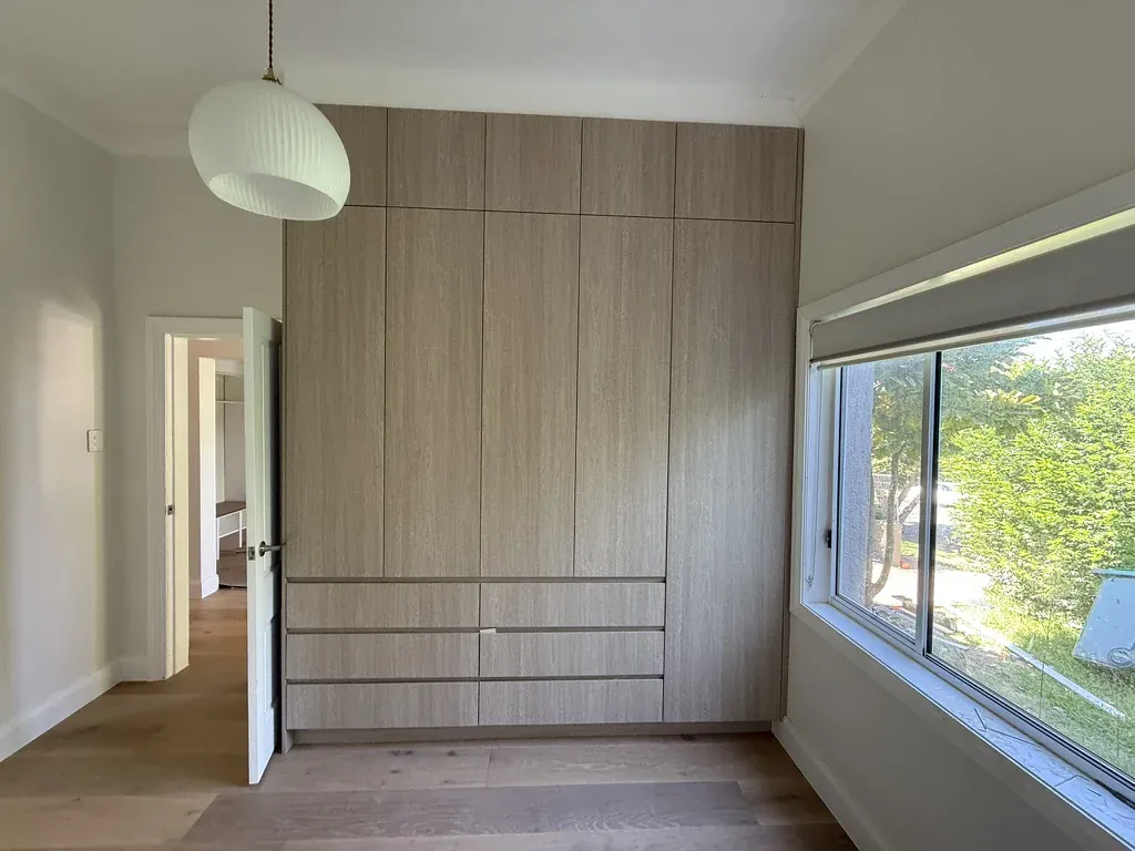 Willoughby Coastal Oak built-in wardrobe — full height with drawers